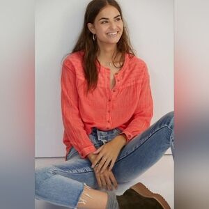 Anthropologie Pilcro Mila Draped Swiss Dot Button Down Blouse Coral M
